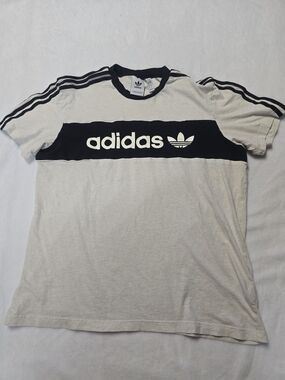 adidas White and Black Trefoil Stripe Short Sleeve Tee